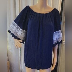Navy Blue Women's Top with Lace Sleeves by Itala One  Size.